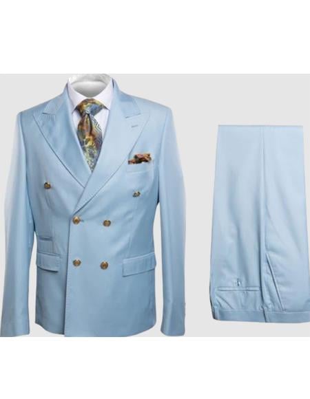 Rossiman Men’s Light Blue Slim Fit Suit - Elegant Double-Breasted Design - Italian Tailored 3-Piece Luxury Suit USA Men's Outlet