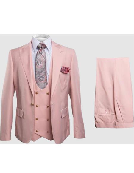 Rossiman Men’s Slim Fit Pink Suit - Elegant Double-Breasted Vest & Tailored Flat Front Pants - Italian 3-Piece Luxury Suit USA Men's Outlet