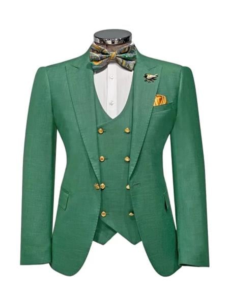 Men’s Green Slim Fit Suit by Rossiman - Stylish Double-Breasted Vest & Flat Front Pants - Italian Tailored 3-Piece Luxury Suit USA Men's Outlet