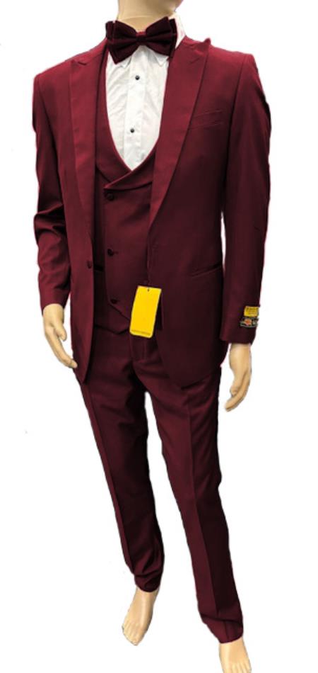 Mens One Button Peak Label Suit Burgundy by mensusain