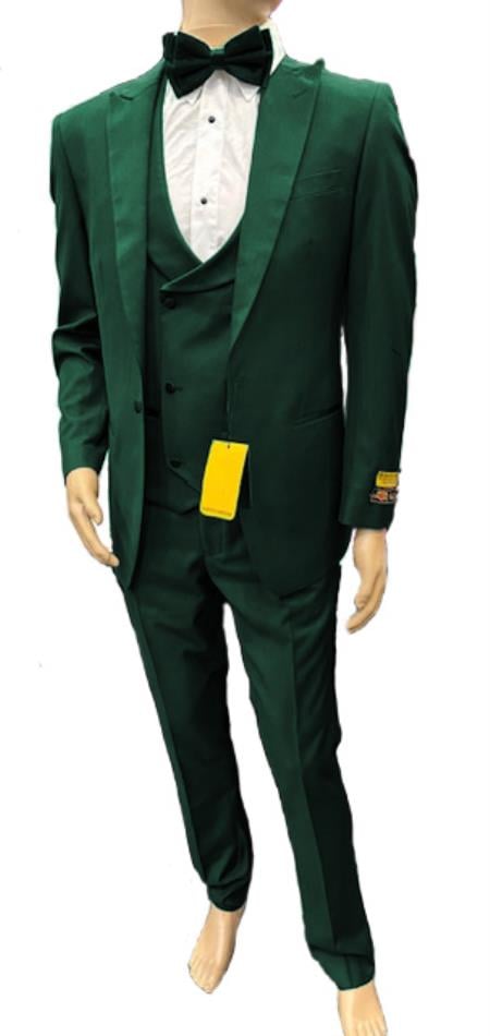 Mens One Button Peak Label Suit Dark Green mensusain