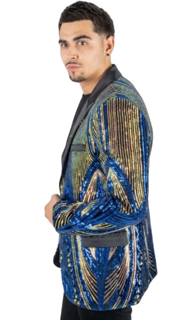 Mens Sequin Blazer - Shiny Stage Flashy Sport Coat - Slim Fit Blue ~ Gold mensusain