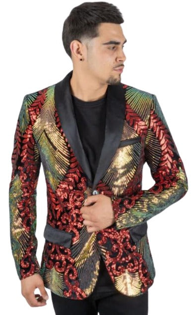 Mens Sequin Blazer - Shiny Stage Flashy Sport Coat - Slim Fit Red ~ Gold by mensusa
