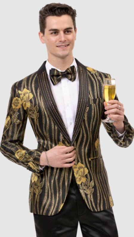 Mens Fashion with Matching Bowtie Black ~ Gold Blazer mensusain