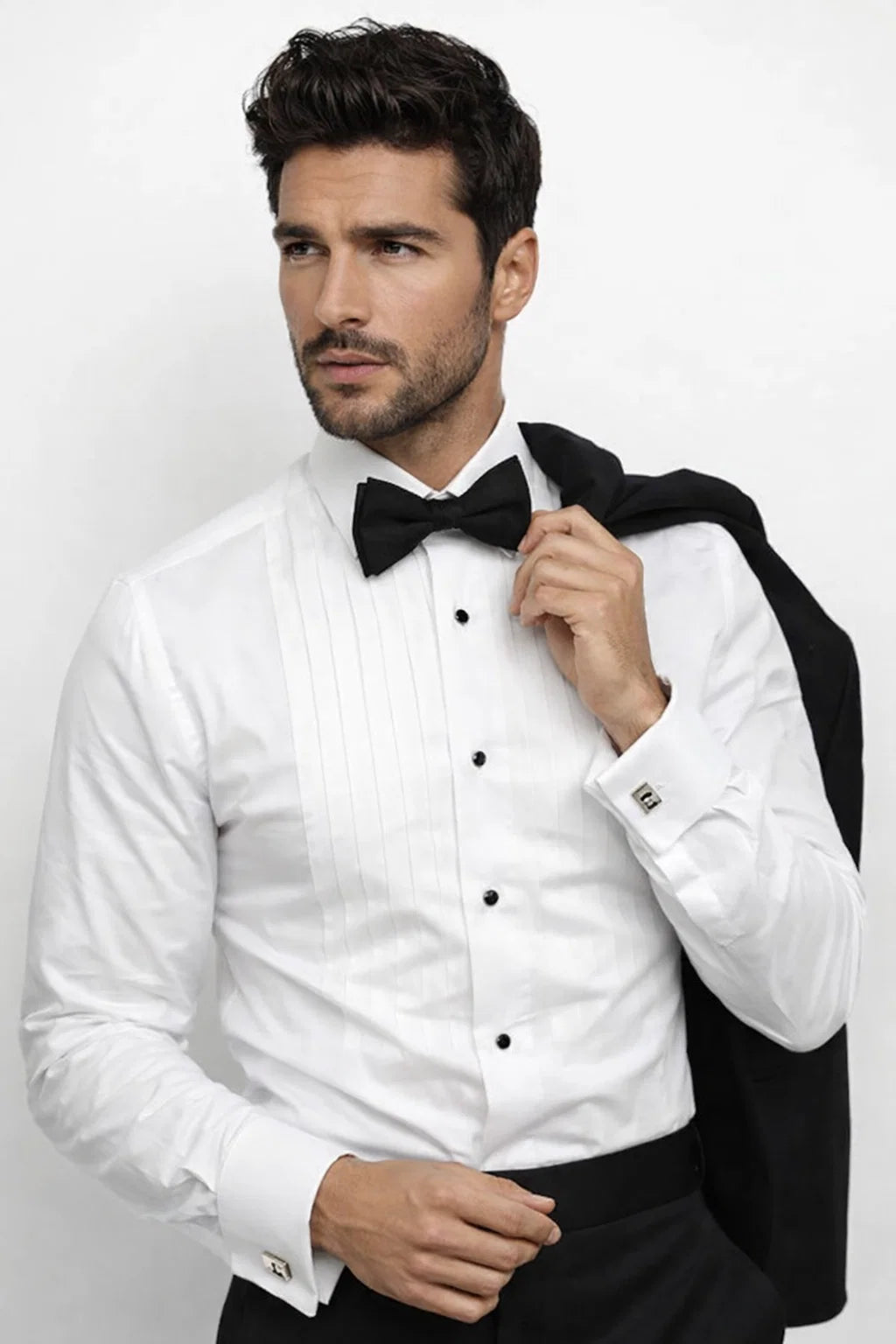 Classic Tuxedo MEN'S REGULAR FIT POINT COLLAR HALF-INCH PLEAT WHITE TUXEDO SHIRT & BOWTIE SET