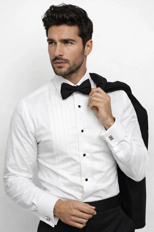Classic Tuxedo MEN'S REGULAR FIT POINT COLLAR HALF-INCH PLEAT WHITE TUXEDO SHIRT & BOWTIE SET