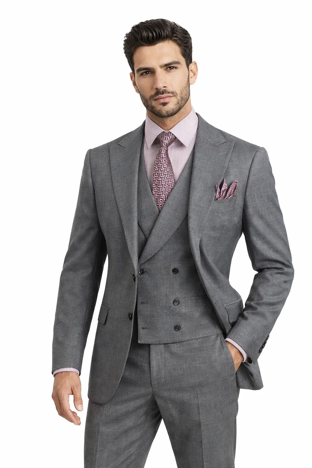 Men's Summer Sharkskin Suit with Double Breasted Vest in Charcoal Grey