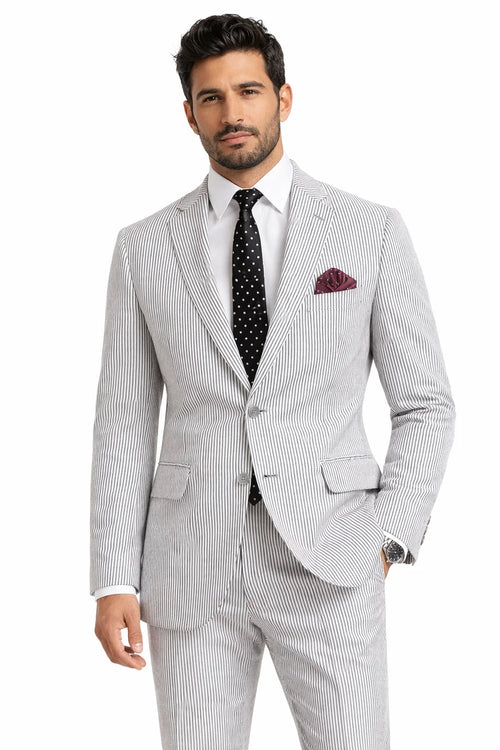 Men's Black Seersucker Suit in Modern Fit with Pinstripes
