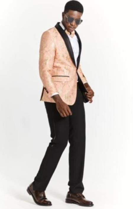 Mens Plus Size Blazers - Large Mens Blazers Mens Peach Paisley Blazer - Big and Tall Sport Coat With Bowtie mensusain