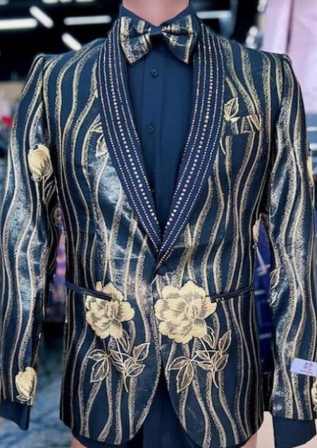 SKU#JA60644 Black and Gold Sequin - Paisley Tuxedo Dinner Jacket With Bowtie by mensusa