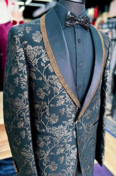SKU#JA60645 Black and Gold Sequin - Paisley Tuxedo Dinner Jacket With Bowtie mensusa