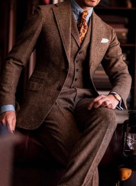 SKU#JA60731 Groomsmen Tweed Suit - Brown Herringbone Suit