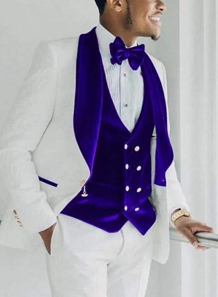 Mens Vested Designer Wide Royal Blue Velvet Shawl Tuxedo in Ivory Paisley Designer Prom Tuxedos by Designer Tuxedos