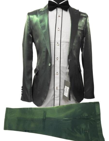 Rossiman Men’s Green Sateen Suit - Glossy Finish with Modern Flair - Italian Tailored Double-Breasted Luxury Suit USA Men's Outlet
