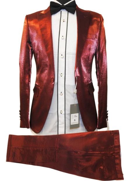 Rossiman Men’s Red Sateen Suit - Glossy Finish Bold Formalwear - Italian Tailored Double-Breasted Luxury Suit by USA Men's Outlet