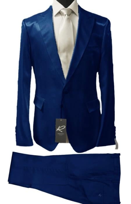 Rossiman Men’s Royal Blue Glossy Sateen Suit - Bold & Refined Look - Italian Luxury Double-Breasted Suit for Men USA Men's Outlet