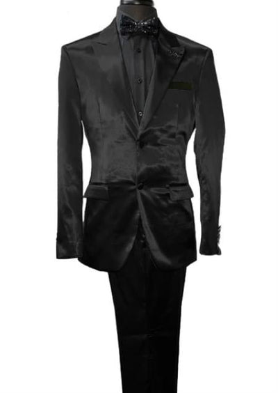 Mens Shiny Blazer - Black Sateen Vested Suit by mensusain
