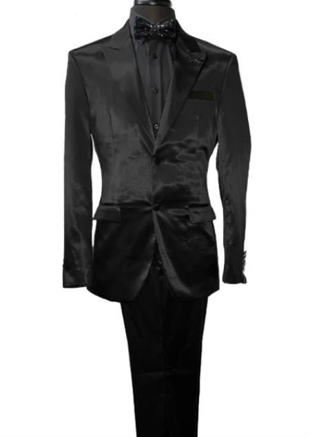 Mens Shiny Blazer - Black Sateen Vested Suit by mensusain