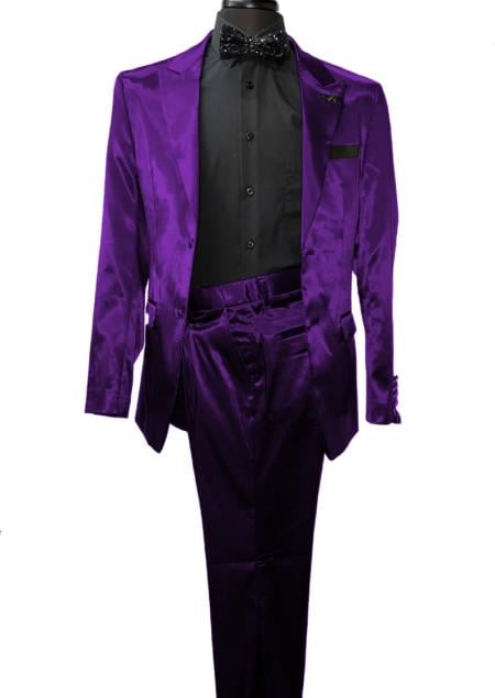 Mens Shiny Blazer - Purple Sateen Vested Suit mensusain