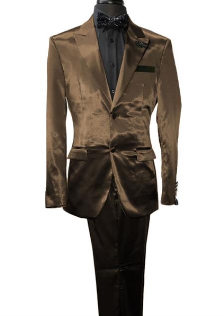 Mens Shiny Blazer - Tan Sateen Vested Suit mensusa
