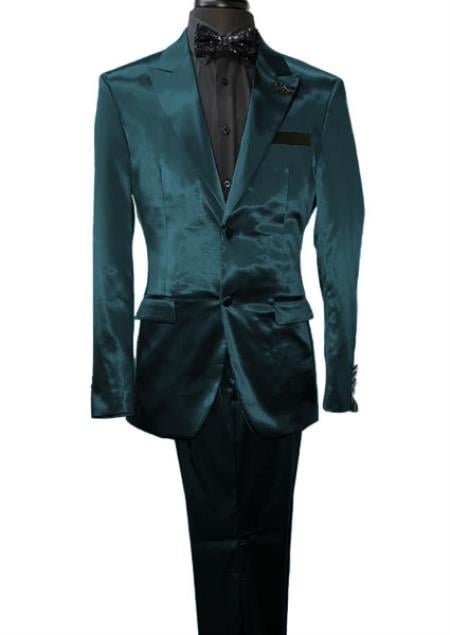Mens Shiny Blazer - Teal Blue Sateen Vested Suit mensusa