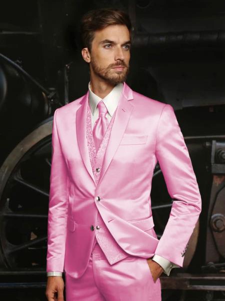 Mens Shiny Blazer - Light Pink Sateen Vested Suit mensusain