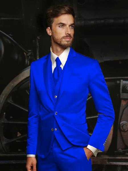 Mens Shiny Blazer - Navy Sateen Vested Suit