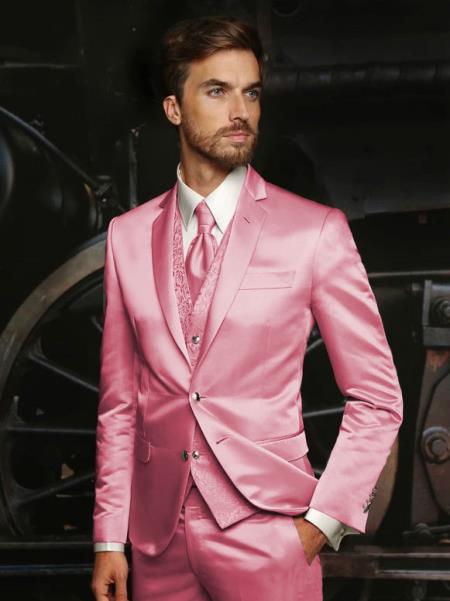 Mens Shiny Blazer - Burgundy Sateen Vested Suit mensusain