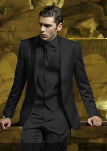 SKU#JA61710 Mens Shiny Blazer - Black Sateen Vested Suit mensusa