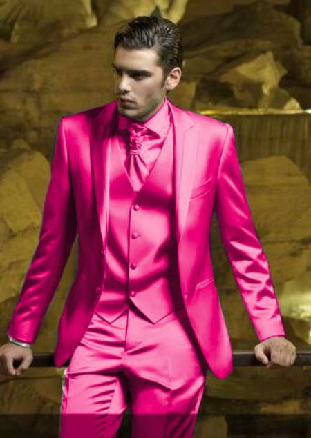 SKU#JA61711 Mens Shiny Blazer - Hot Pink Sateen Vested Suit by mensusa