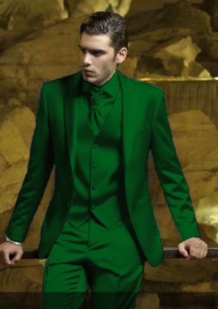 Mens Shiny Blazer - Hunter Green Sateen Vested Suit