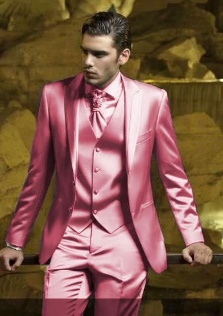 Mens Shiny Blazer - Rose Gold Sateen Vested Suit by mensusain