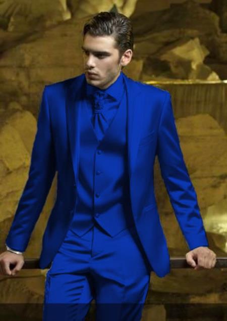 Mens Shiny Blazer - Royal Blue Sateen Vested Suit