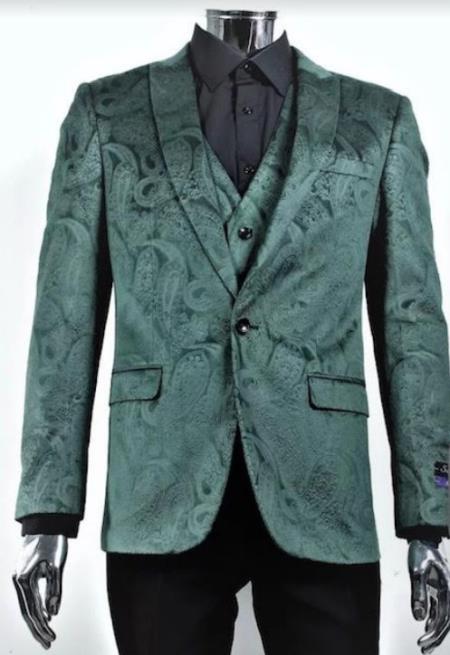 Velvet Paisley Blazer - Comes With Free Vest and Pants - Slim Fit - Hunter Green by mensusain