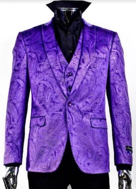 Velvet Paisley Blazer - Comes With Free Vest and Pants - Slim Fit - Purple by mensusain
