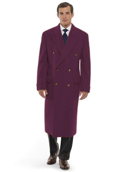 Men's Dress Coat 44 Inch Long Length Burgundy Double Breasted Wool Blend Overcoat mensusain