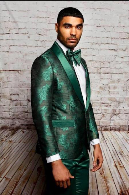 Mens One Button Shawl Lapel Suit Green mensusain