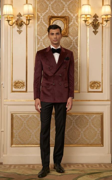 Mens Burgundy Velvet Double Breasted Blazer By Albertonardoni mensusain