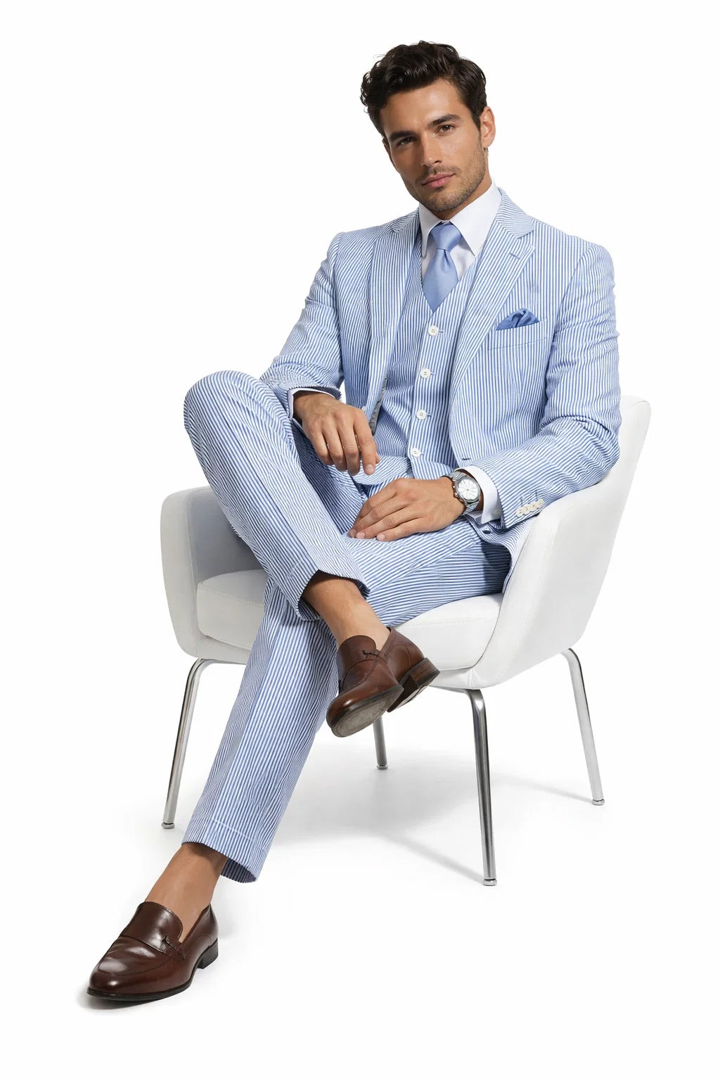 Mens 2 Button Vested Summer Seersucker Suit in Blue