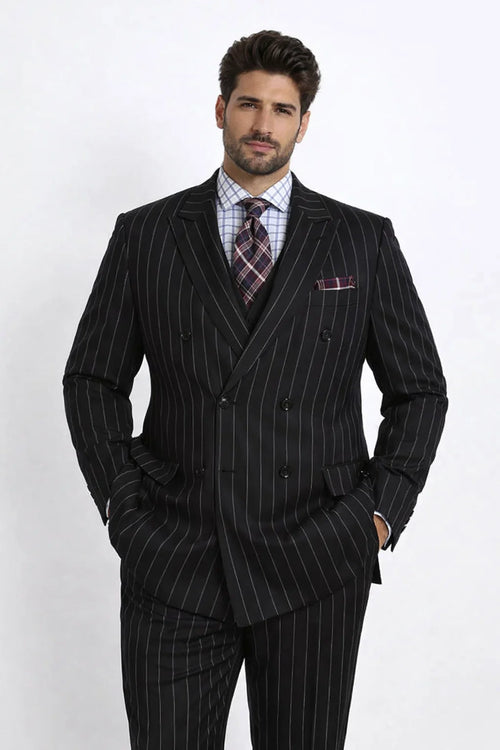 1920s Double Breasted Pinstripe Suit in Black from Vinci Suits