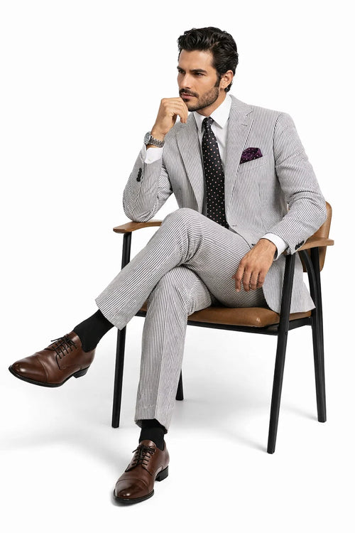 Men's Black Seersucker Suit in Modern Fit with Pinstripes
