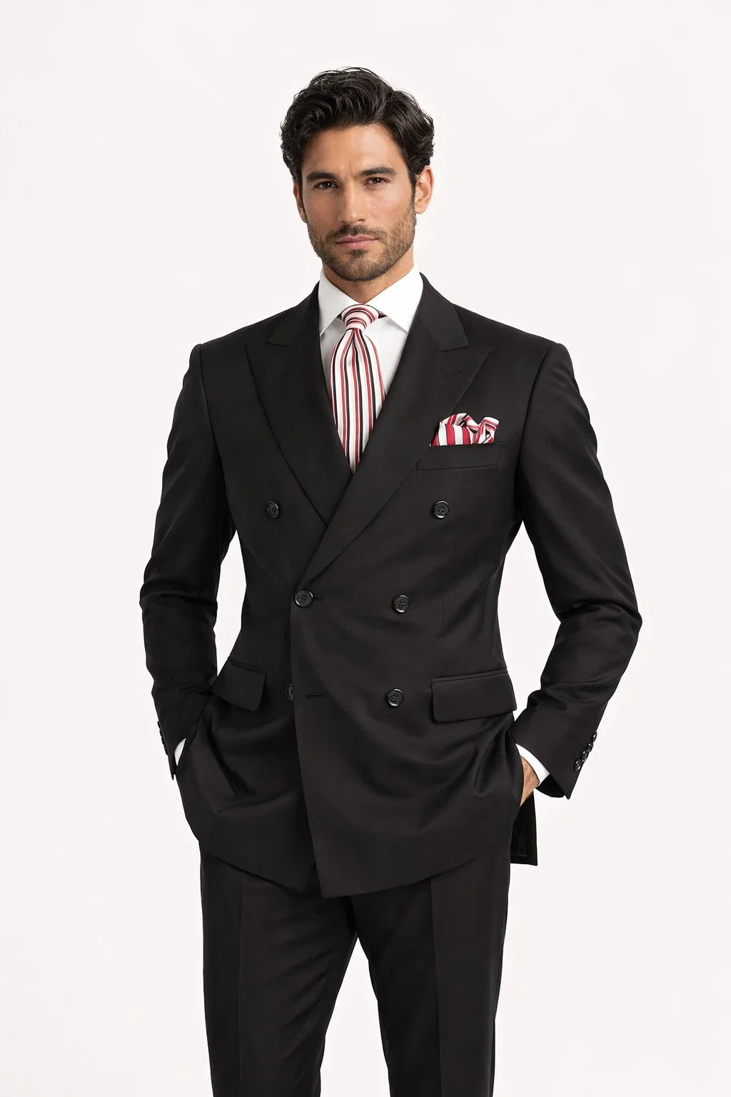 Mens Classic Double Breasted Luxury Wool Feel Suit in Black