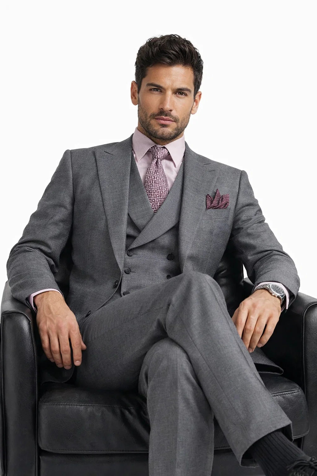 Men's Summer Sharkskin Suit with Double Breasted Vest in Charcoal Grey