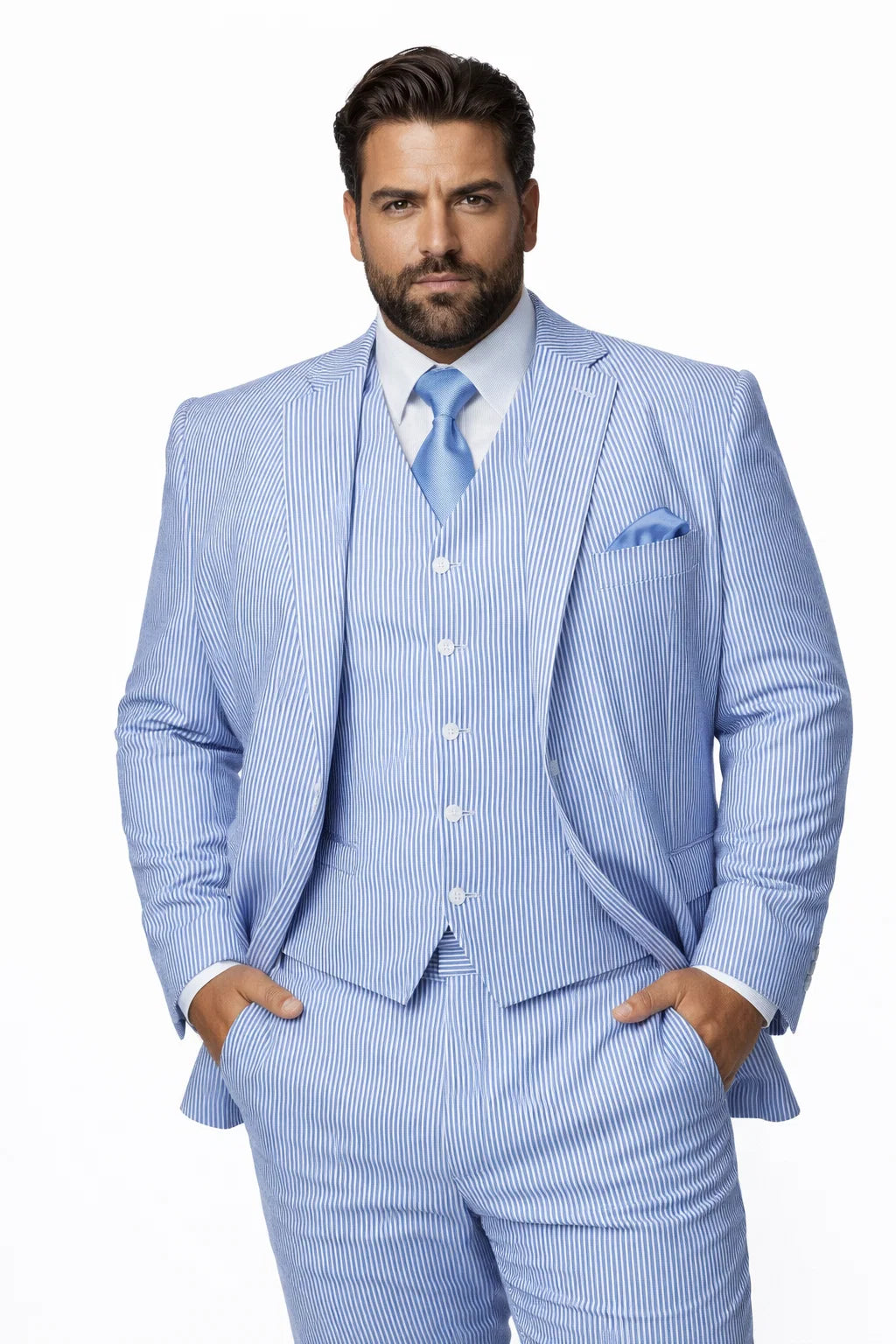 Mens 2 Button Vested Summer Seersucker Suit in Blue
