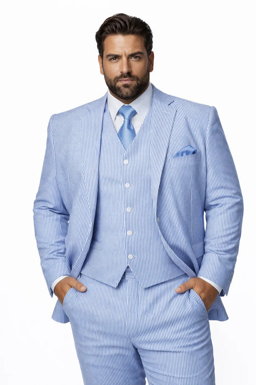 Mens 2 Button Vested Summer Seersucker Suit in Blue