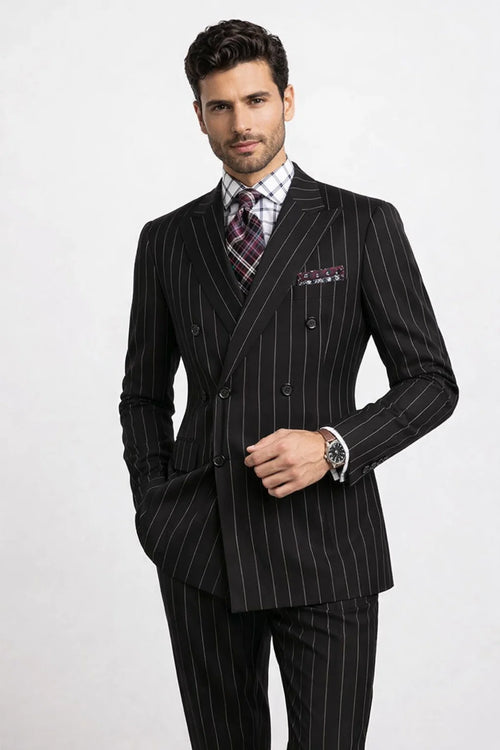 1920s Double Breasted Pinstripe Suit in Black from Vinci Suits