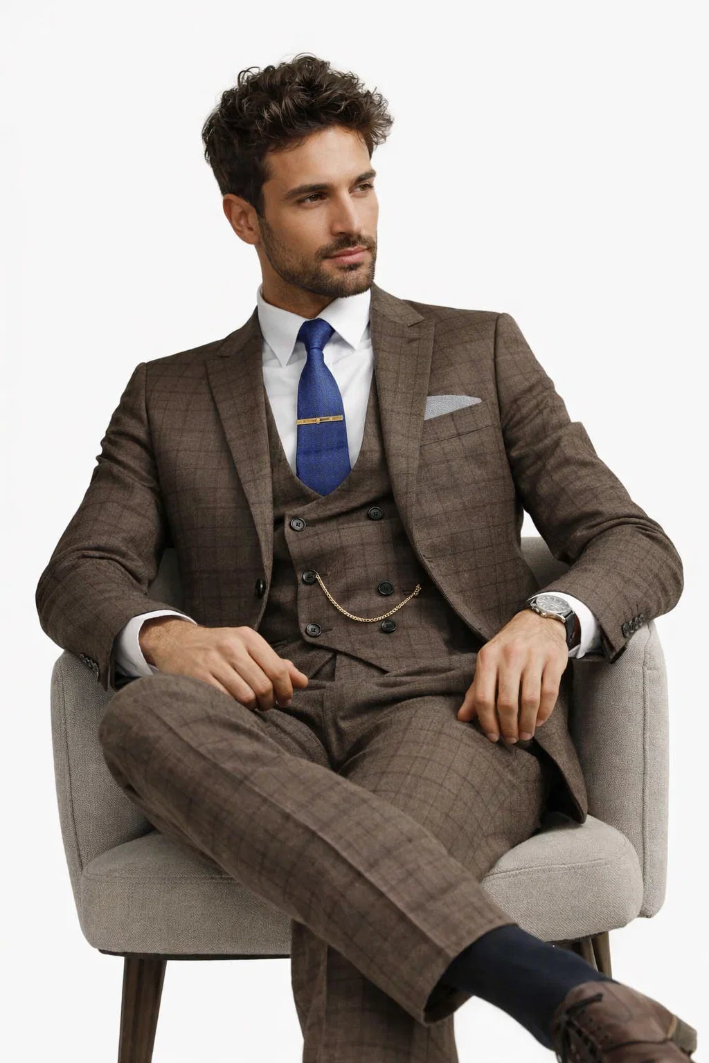Men’s Brown 3-Piece Slim Fit Suit – 2 Button Peak Lapel Jacket with Double Breasted Vest & Flat Front Pants