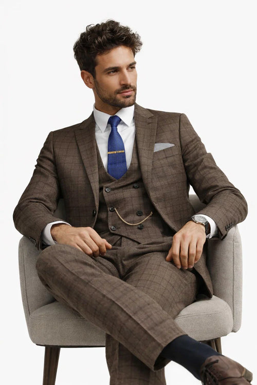 Men’s Brown 3-Piece Slim Fit Suit – 2 Button Peak Lapel Jacket with Double Breasted Vest & Flat Front Pants