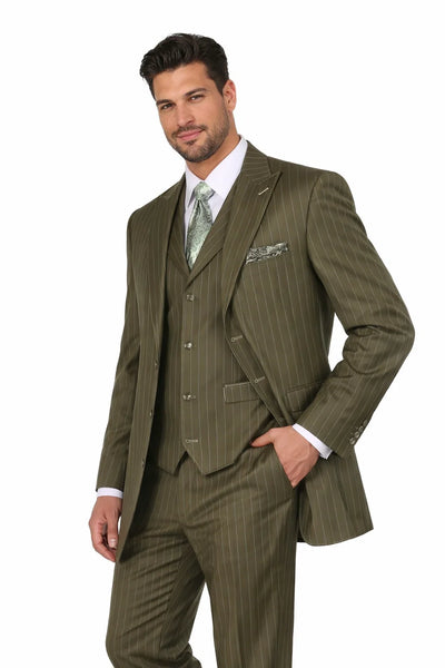 Men’s Vintage Vested Gangster Pinstripe Suit – Bold Olive Green Fashion 3-Piece Set