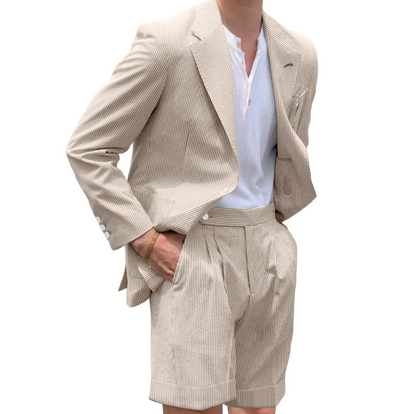 Mens Seersucker Suit With Short in Color Light Beige - Summer Fabric Casual look Mini Pinstripe